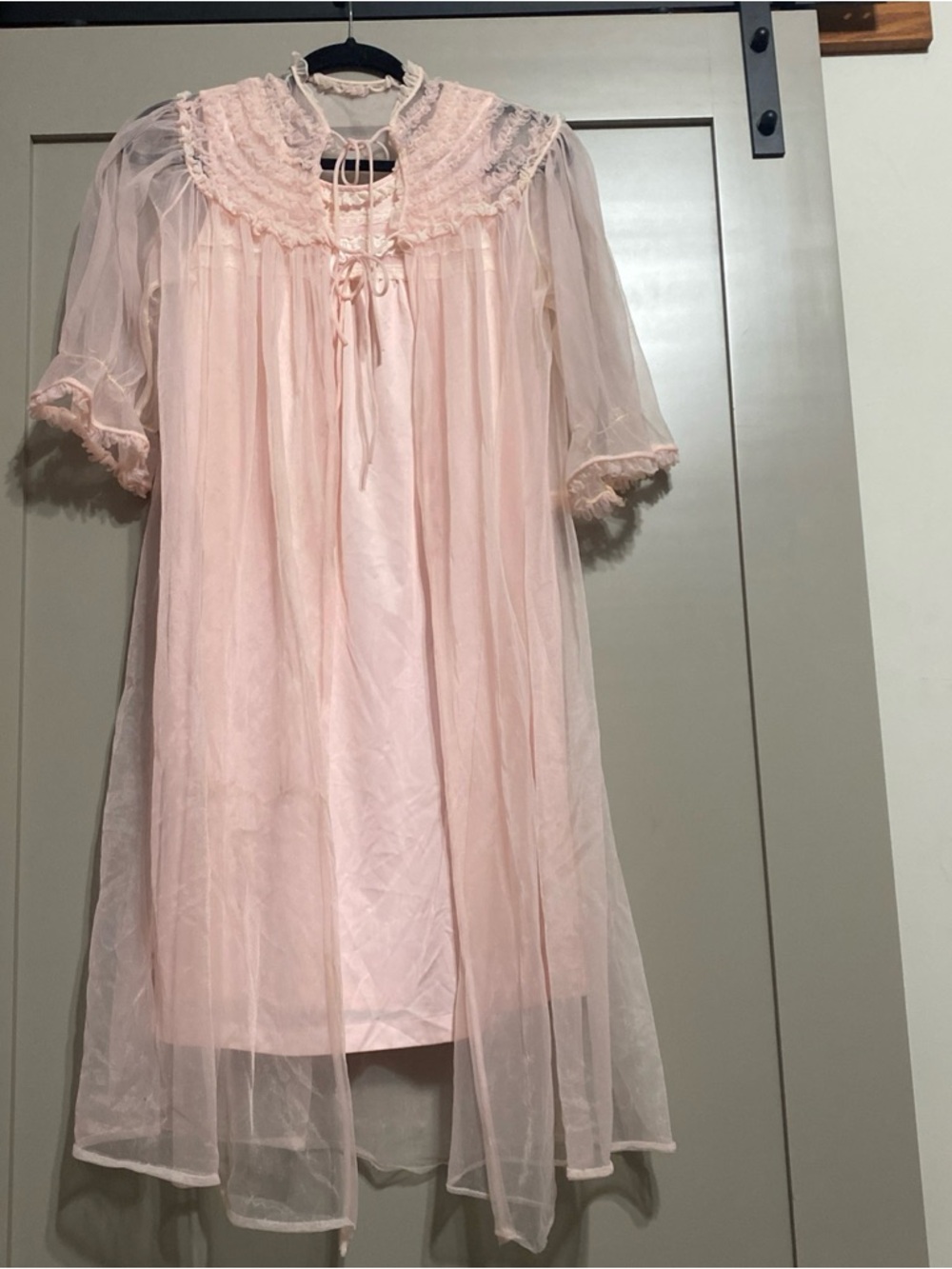 Vintage Sears Pale Pink Sheer Lace Yoke Nightgown with Tie Front